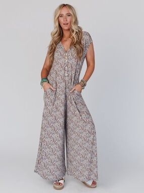 Three Bird Nest Floral Wide Leg Jumpsuit in Light Gray with Brown & Cream Print